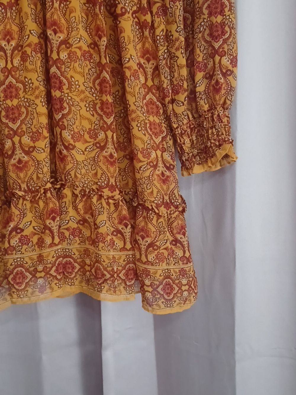 Max Studio Smocked Waist Mini Dress Balloon Sleeves V-Neck Mustard Boho Size L - Picture 8 of 15